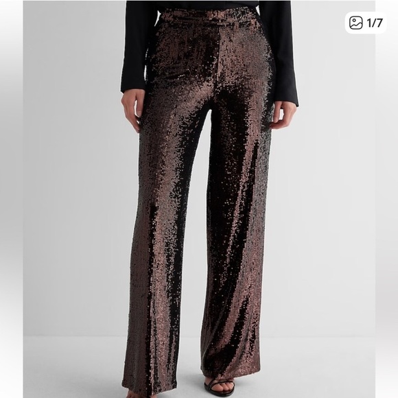 NWT! Express Pull-On High Waisted Sequin Wide Leg Pant - Short Length - Picture 1 of 9